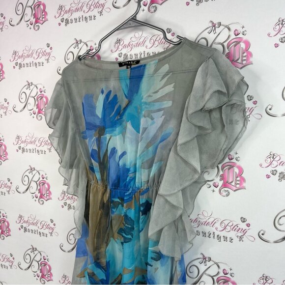 Strada fashion dress cinched flowy flowers smocked Gray and Blue High Low Dress - Picture 4 of 8